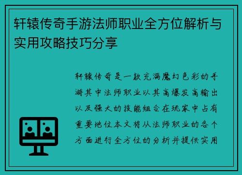 轩辕传奇手游法师职业全方位解析与实用攻略技巧分享